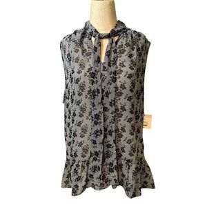 Liz Claiborne Career Womens XL Sleeveless Tie Neck Blouse Black Floral NWT